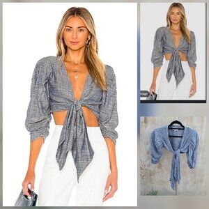 L'Academie Blue Tie-Front Puff Sleeve Crop Top